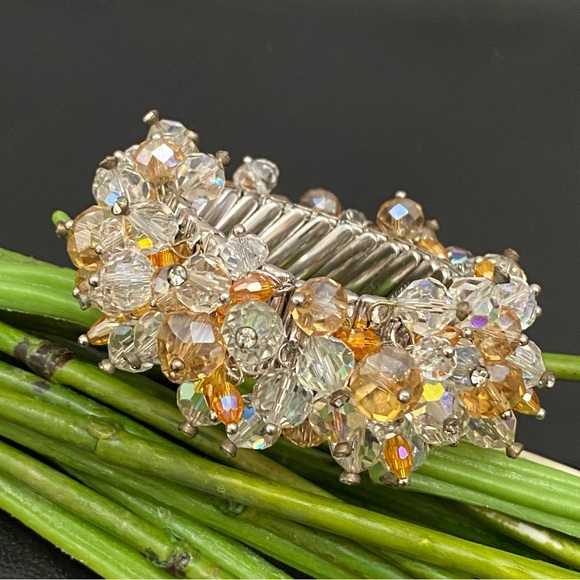 Vintage Citrine/Clear Crystal Beads Expandable Bracelet - Picture 7 of 12